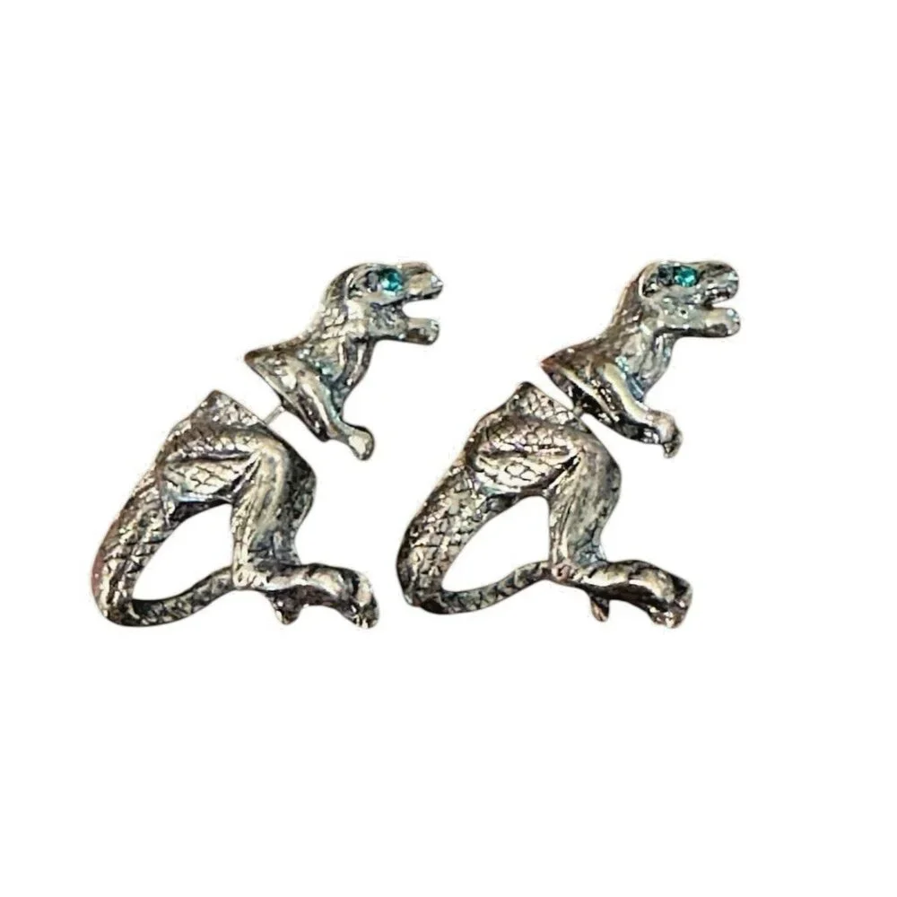 3D T Rex Dinosaur Earrings – Front & Back Gold Tone Stud Novelty Green Eyes 1 in